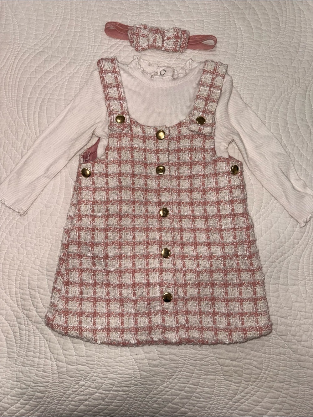 3Pc Set : Pink Tweed Button Pinafore Dress with White Long Sleeve Top & Bow 18M